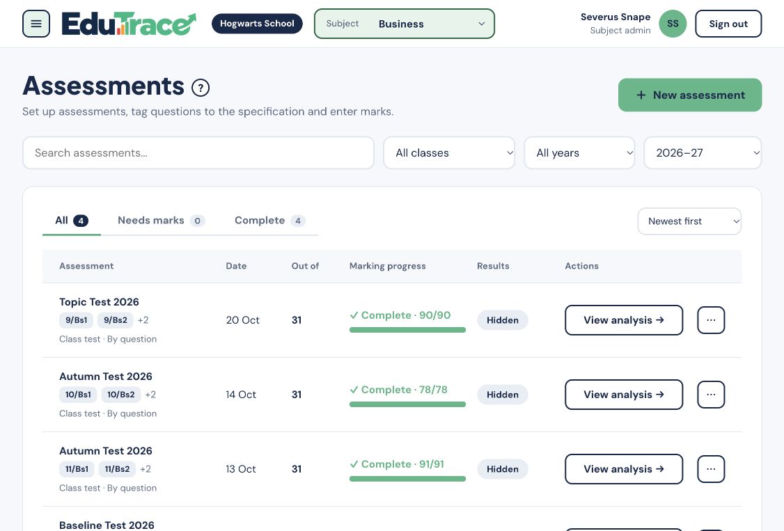 EduTrace assessments screen