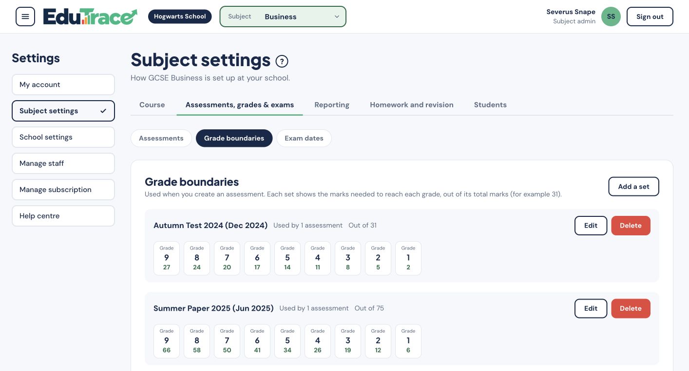 EduTrace grade boundaries screen