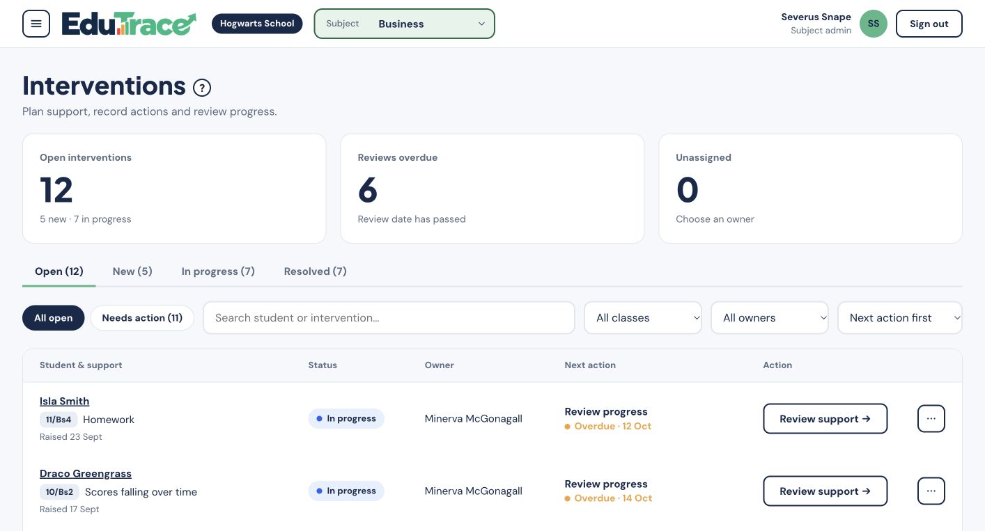 EduTrace intervention screen